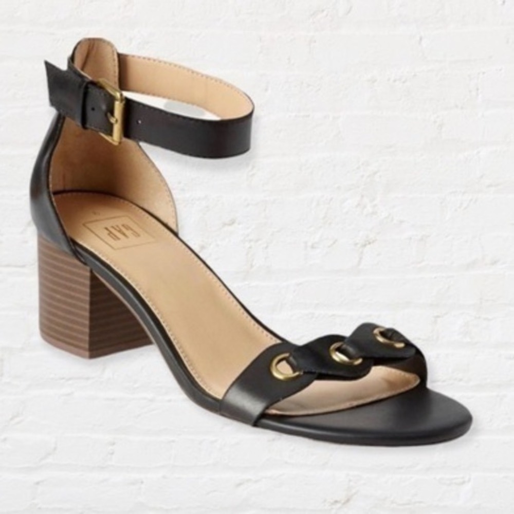 Gap Womens Black Leather Ankle Strap Block Heel‎ Grommet Sandals Size 9.5